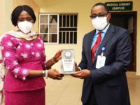 L-R: NLNG’s GM, External Relations & Sustainable Development, Mrs Eyono Fatayi-Williams receives an appreciation plaque from Professor Auwal Abubakar, Medical Director, Federal Medical Centre after NLNG donated equipment and medical supplies to the state as part of the N11.4 billion Oil & Gas Industry Collaborative Initiative, spearheaded by NNPC, in Yola, Adamawa State, recently.